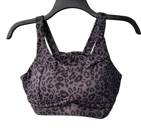 Running Girl Charcoal Leopard Print Cutout Back Athletic Sports Bra L - Picture 9 of 9
